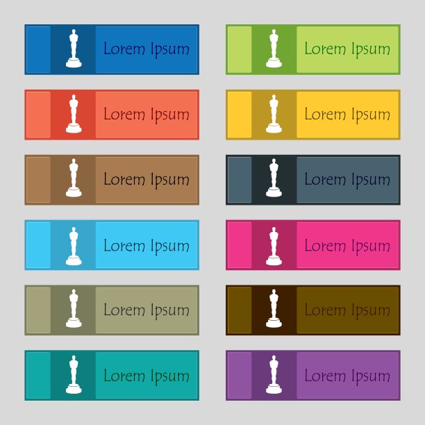 奥斯卡小金人的标志。一套12个长方形，色彩鲜艳，漂亮，高质量的按钮为网站。向量图片下载