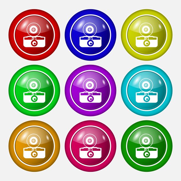 复古照片相机图标标志。符号上有九个圆形彩色按钮。向量图片下载