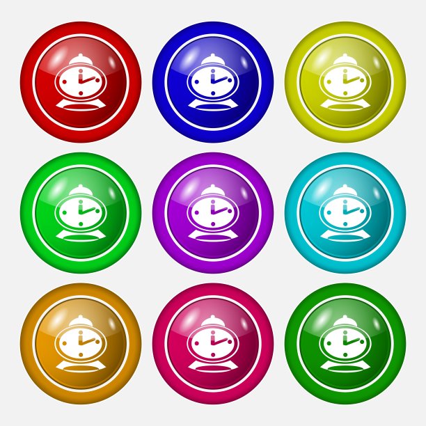 九个彩色圆形按钮上的闹钟图标图片下载