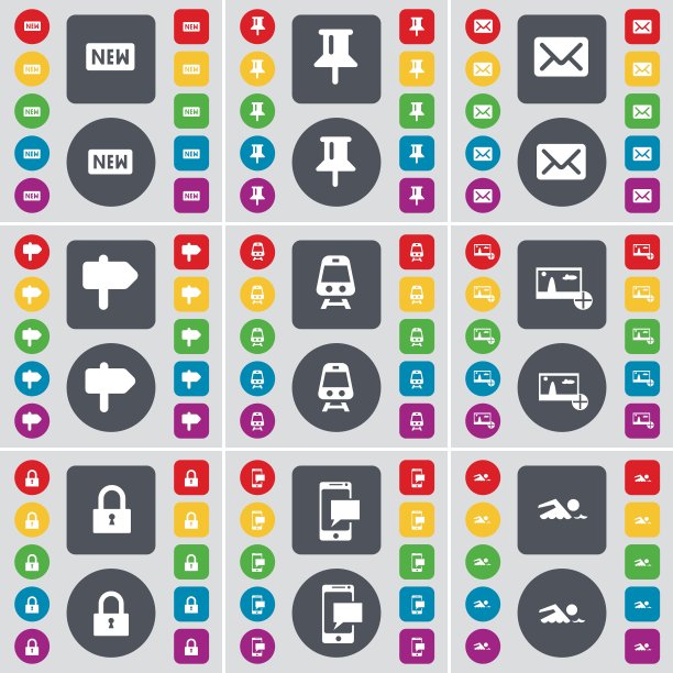 采购产品新，别针，消息，路标，火车，图片，锁，短信，游泳者图标符号。一套大的平面，彩色按钮为您的设计。向量图片下载