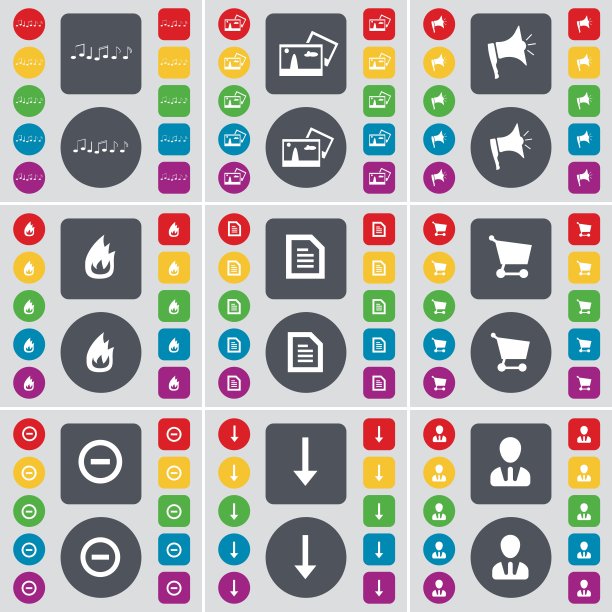 注意，图片，扩音器，火，文本文件，购物车，减，箭头向下，阿凡达图标符号。一套大的平面，彩色按钮为您的设计。向量图片下载