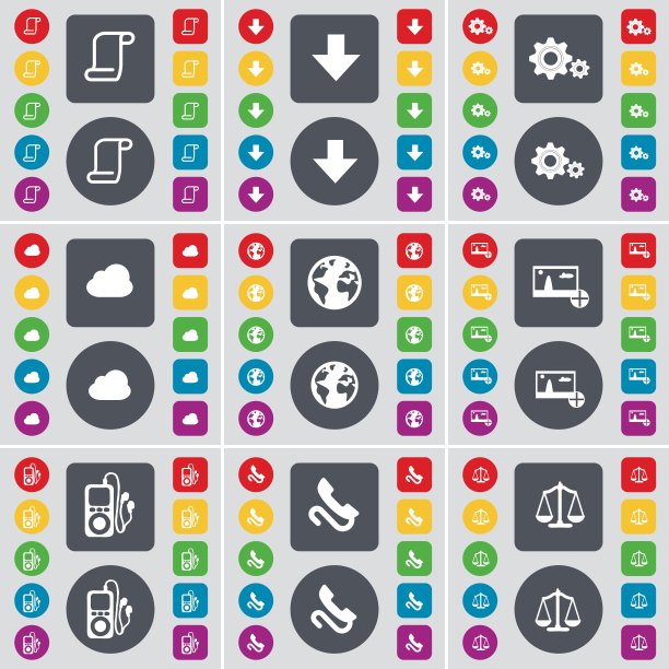 滚动，向下箭头，齿轮，云，地球，图片，MP3播放器，接收器，天平图标符号。一套大的平面，彩色按钮为您的设计。向量图片下载