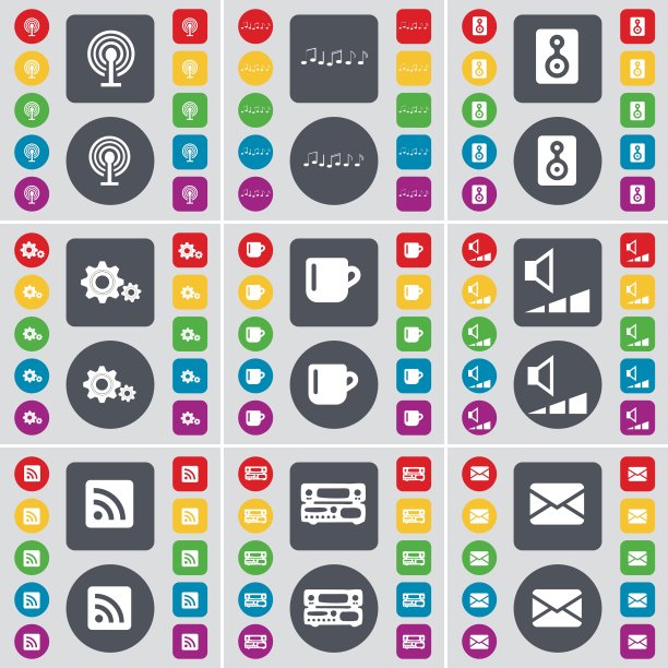 Wi-Fi、便签、扬声器、齿轮、杯子、音量、RSS、录音机、消息图标符号。一组用于您设计的彩色扁平按钮。矢量图片下载