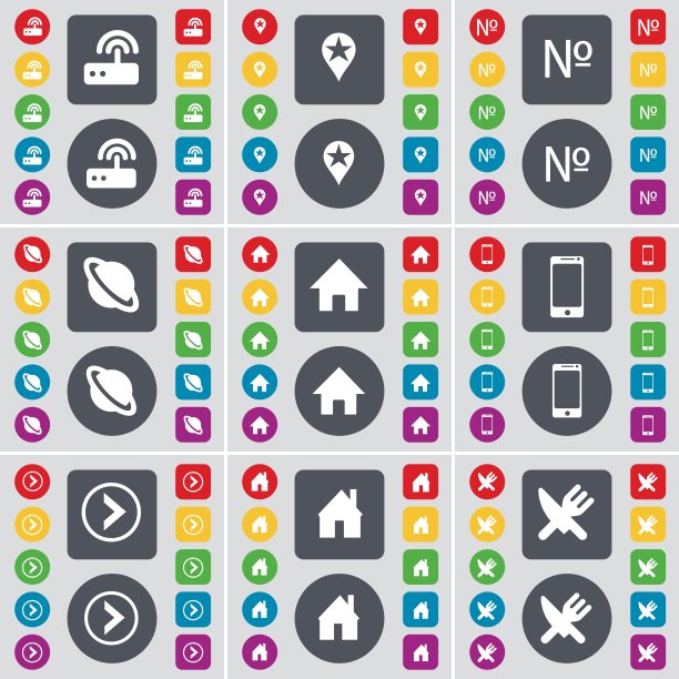 路由器、检查点、数字、行星、房屋、智能手机、向右箭头、房屋、刀叉图标符号。一套用于您设计的彩色扁平按钮矢量图图片下载
