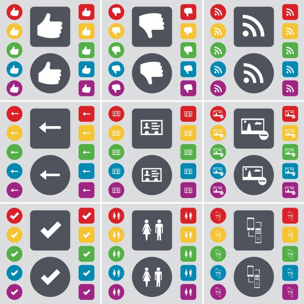 喜欢，不喜欢，RSS，左箭头，联系，图片，勾，剪影，连接图标符号。一套大的平面，彩色按钮为您的设计。向量图片下载
