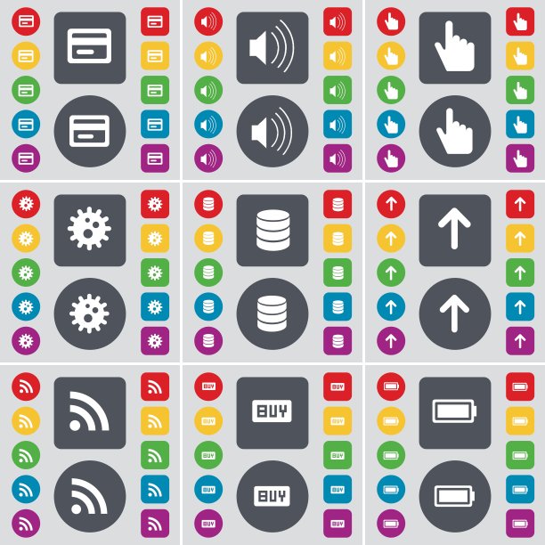 信用卡、声音、手、齿轮、数据库、向上箭头、RSS、购买、电池图标符号，用于设计的彩色扁平按钮矢量图图片下载