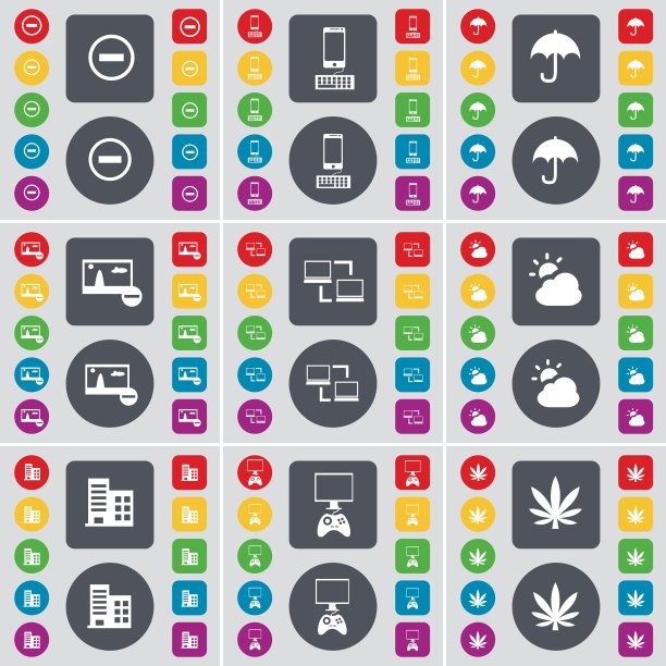 减，智能手机，雨伞，图片，连接，云，建筑，游戏机，大麻图标符号。一套大的平面，彩色按钮为您的设计。向量图片下载
