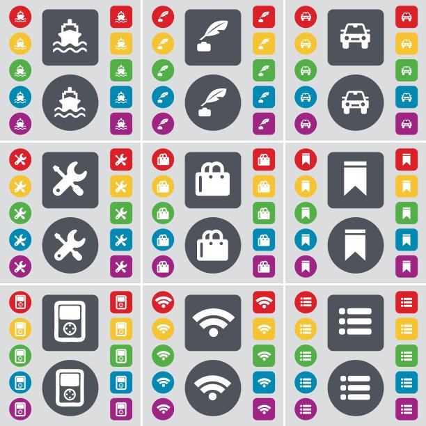 轮船、墨水瓶、汽车、扳手、购物袋、马克笔、播放器、Wi-Fi、列表图标符号：一套用于设计的彩色扁平按钮图片下载
