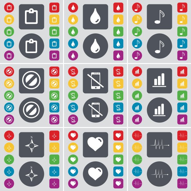 Survay, Drop, Note, Stop, Smartphone, Diagram, Compass, Heart, Pulse图标符号。一组用于您设计的扁平彩色按钮。矢量图片下载