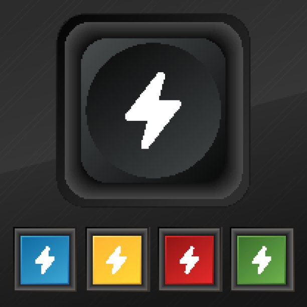 照片闪光灯图标符号。五套彩色，时尚的钮扣黑色纹理为您的设计。向量图片下载