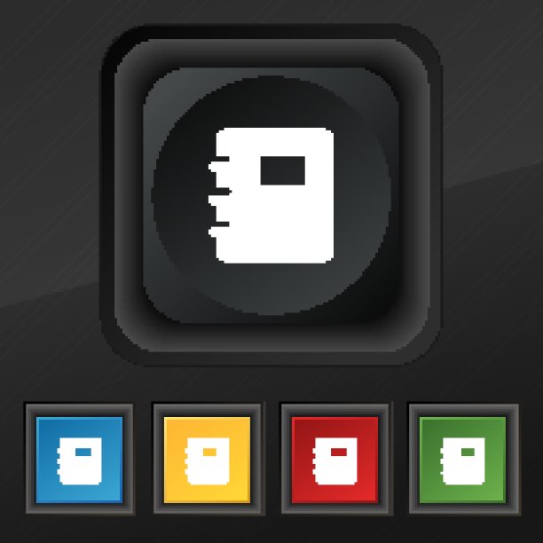 书的图标符号。五套彩色，时尚的钮扣黑色纹理为您的设计。向量图片下载