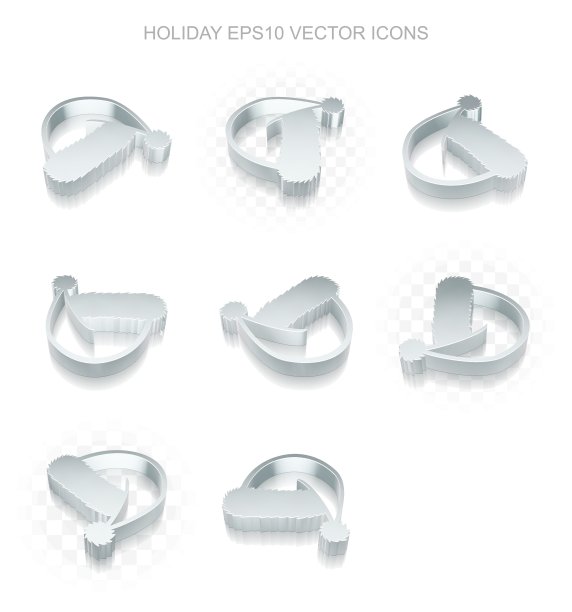 娱乐图标集:不同视角的金属圣诞帽，透明阴影，EPS 10矢量。图片下载