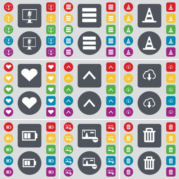 显示器，应用程序，锥，心，向上的箭头，云，电池，图片，垃圾桶图标符号。一套大的平面，彩色按钮为您的设计。向量图片下载