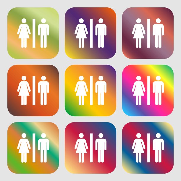 一个男人和一个女人图标的剪影。9个带有明亮渐变的按钮，设计美观。向量图片下载