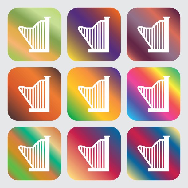 竖琴图标。9个带有明亮渐变的按钮，设计美观。向量图片下载