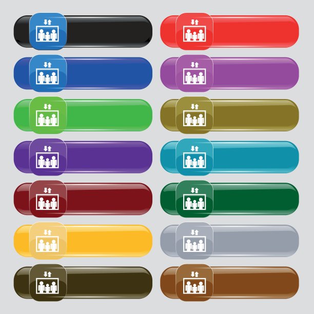 电梯的象征符号。从14个多色玻璃按钮设置文本的地方。向量图片下载