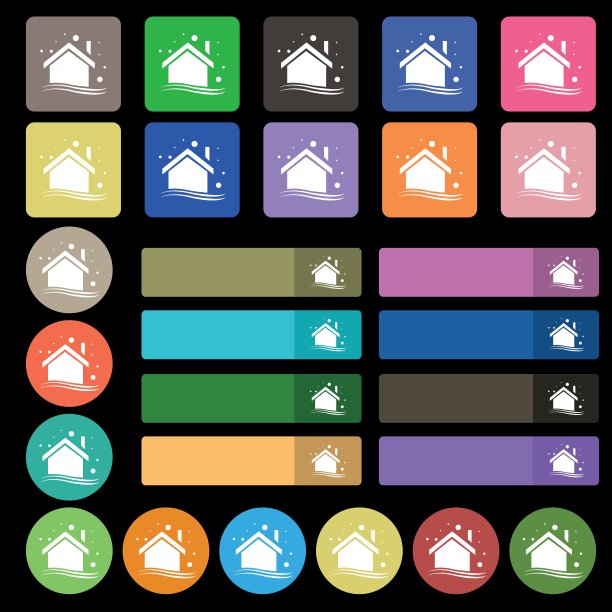 冬季房子图标标志。由27个彩色平面按钮设置。向量图片下载