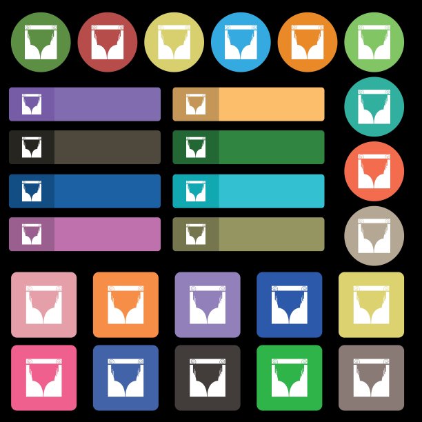 窗帘图标标志。由27个彩色平面按钮设置。向量图片下载