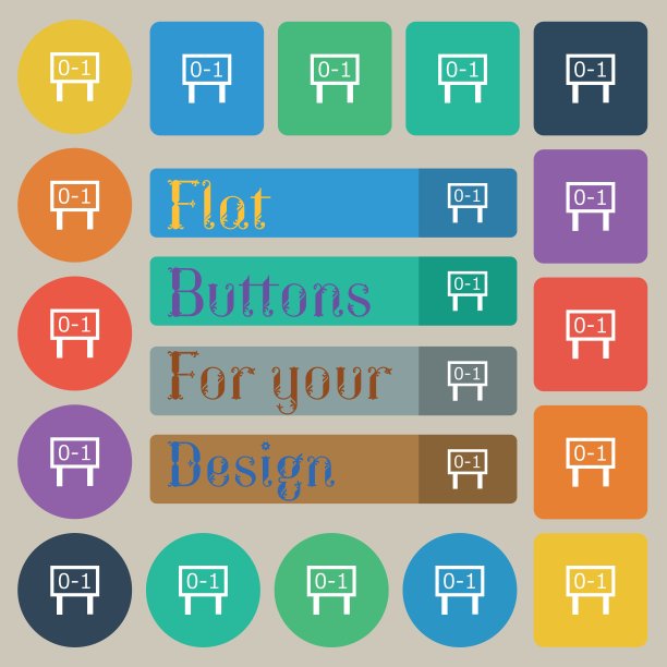 记分板图标符号。二十套彩色平，圆，方和矩形按钮。向量图片下载