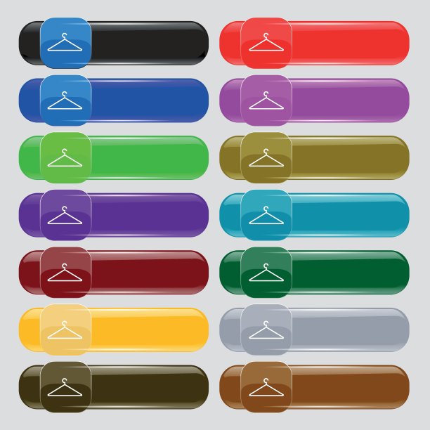 衣架图标标志。从14个多色玻璃按钮设置文本的地方。向量图片下载