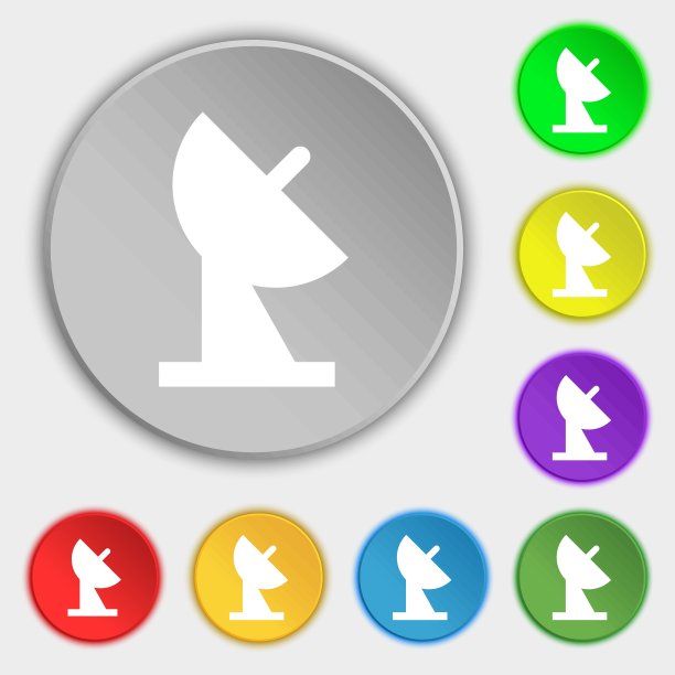 卫星碟形标志。符号在八个平面按钮上。向量图片下载