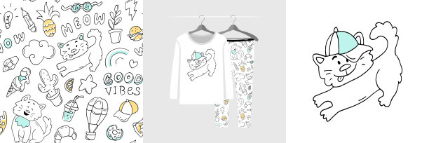 无缝模式和插图集与手绘涂鸦风格的猫图片下载