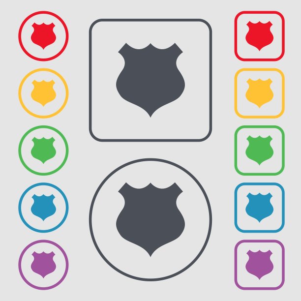 盾牌图标符号。带有框架的圆形和方形按钮上的符号。向量图片下载