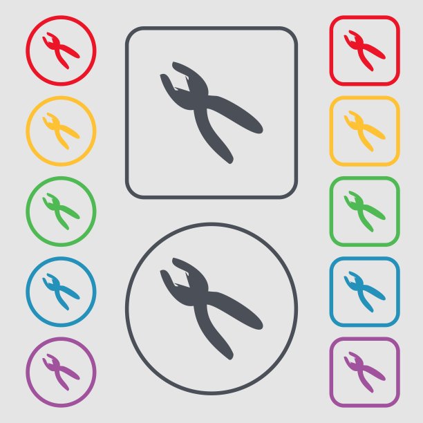 钳图标符号。带有框架的圆形和方形按钮上的符号。向量图片下载