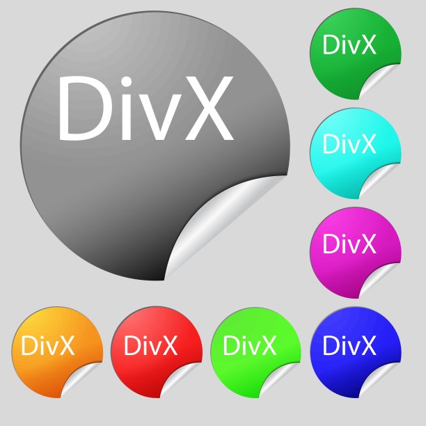DivX视频格式标志图标符号，八个彩色圆形按钮贴纸矢量图图片下载