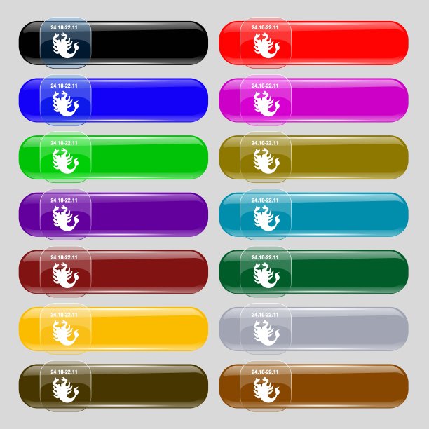 天蝎座图标符号。从14个多色玻璃按钮设置文本的地方。向量图片下载