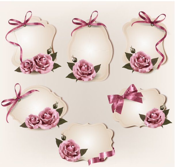 一套美丽的复古标签与粉色玫瑰和礼物蝴蝶结。Vect图片下载