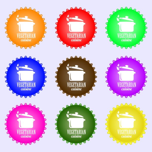 素食美食的标志。大套彩色，多样，高品质的纽扣。向量图片下载