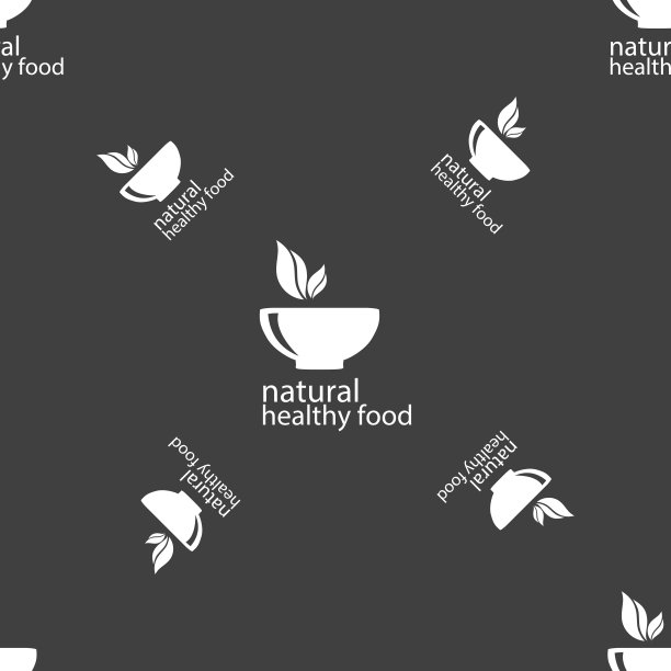 健康食品概念标志。灰色背景上的无缝模式。向量图片下载