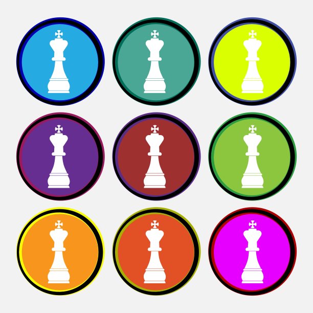 国际象棋国王图标标志，九个彩色圆形按钮矢量图图片下载