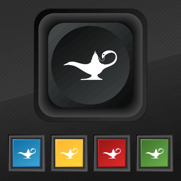 阿拉丁神灯精灵图标象征。五套彩色，时尚的钮扣黑色纹理为您的设计。向量图片下载