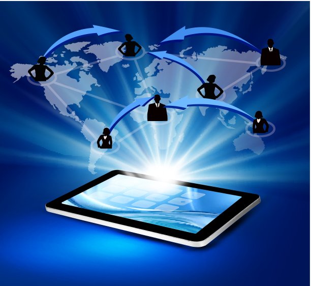 用平板电脑展示现代通讯技术。向量图片下载