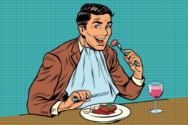 优雅的复古男子在餐厅吃饭，喝葡萄酒图片下载