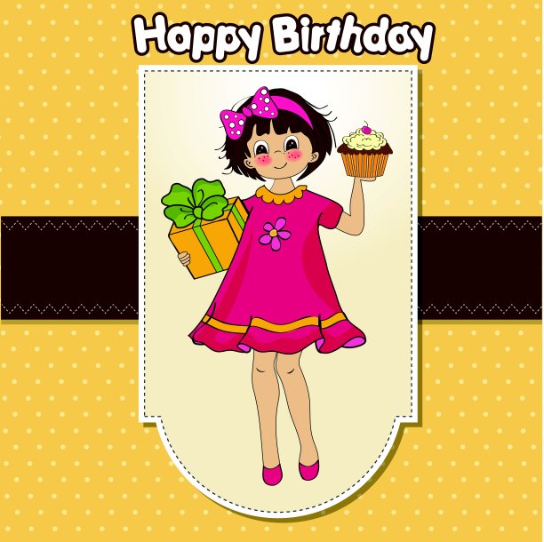 有女孩和大蛋糕的生日贺卡图片下载