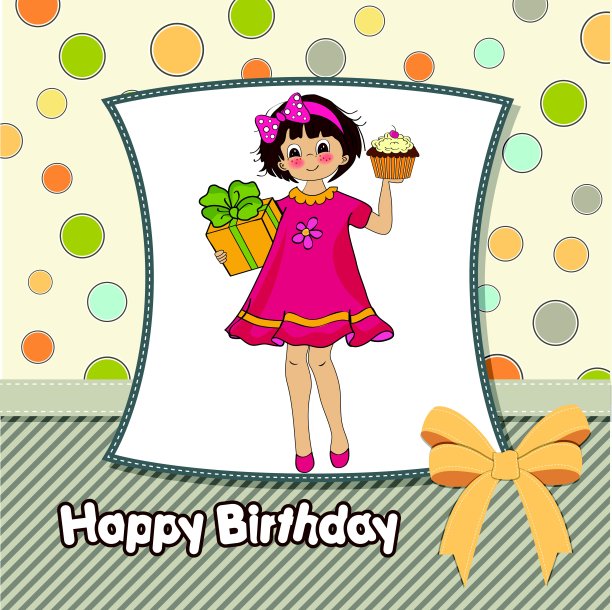 有女孩和大蛋糕的生日贺卡图片下载