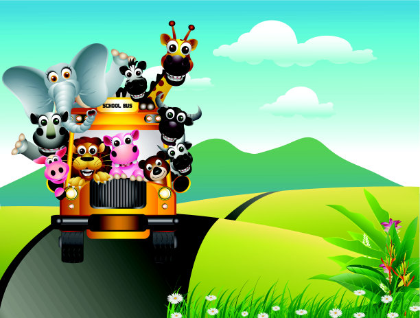 有趣的动物在黄色的车与景观背景图片下载