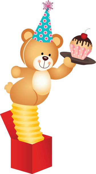 泰迪熊在盒子里惊喜的生日蛋糕图片下载