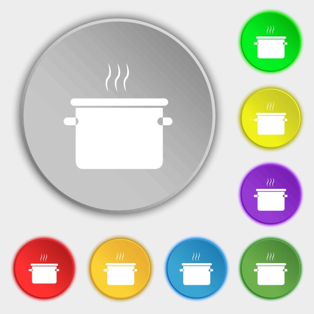 平底锅烹饪图标标志。符号在八个平面按钮上。向量图片下载