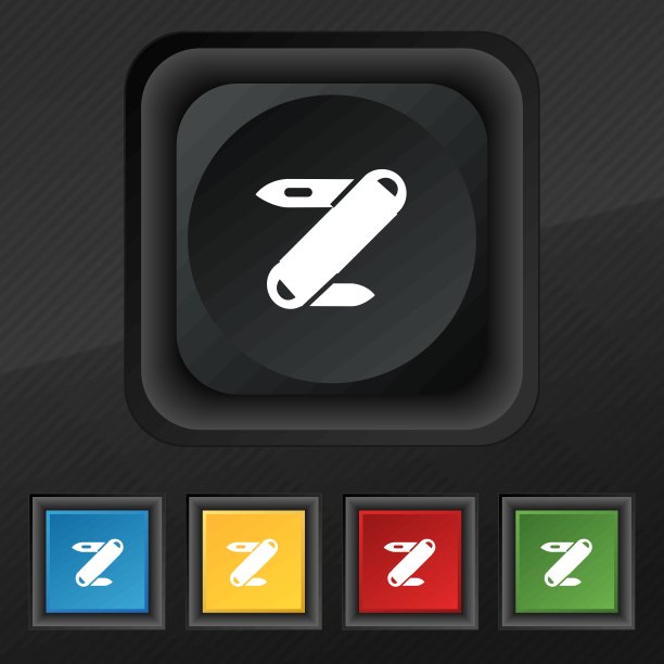 口袋刀图标象征。五套彩色，时尚的钮扣黑色纹理为您的设计。向量图片下载