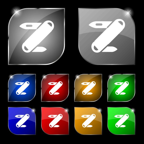 口袋刀图标标志。十套彩色按钮与眩光。向量图片下载