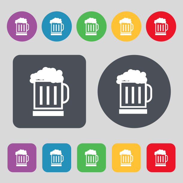 啤酒杯图标标志。一套12个颜色的按钮。平面设计。向量图片下载