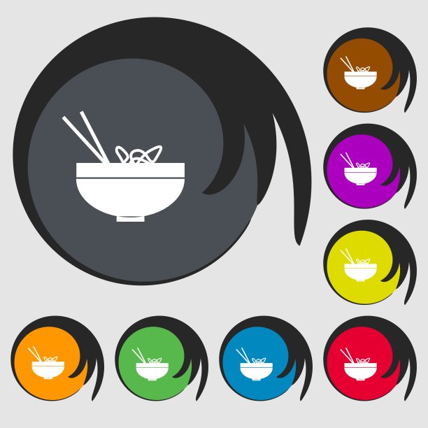 意大利面图标符号。八个彩色按钮上的符号。向量图片下载