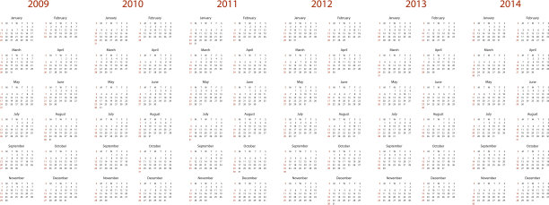 2009年，2010年，2011年，2012年，2013年和2014年的日历。图片下载