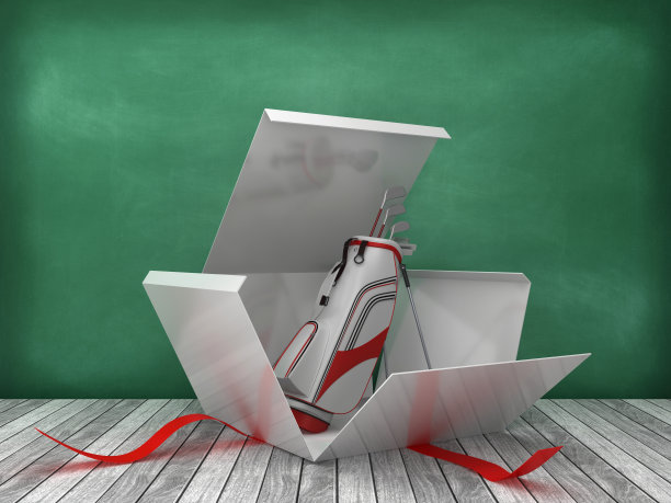 礼品盒与高尔夫球袋在黑板背景- 3D渲染图片下载