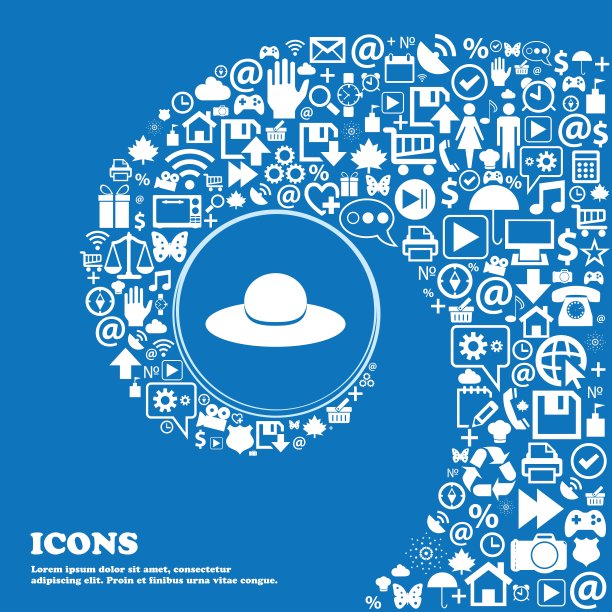 女人帽子图标标志。一组漂亮的图标扭曲成一个大图标的中心螺旋。向量图片下载