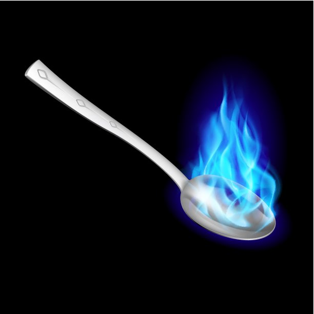 金属勺子和蓝色的火。图片下载